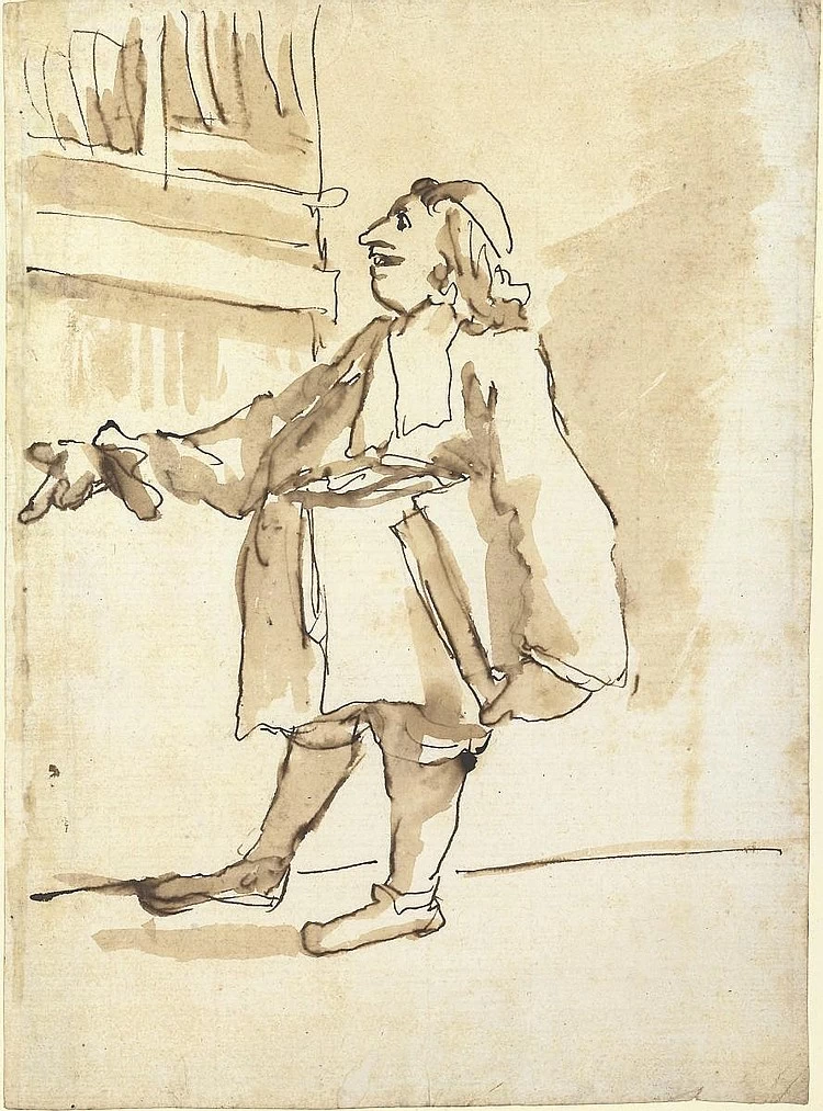 Caricatura di un prelato in una biblioteca con in mano un libro